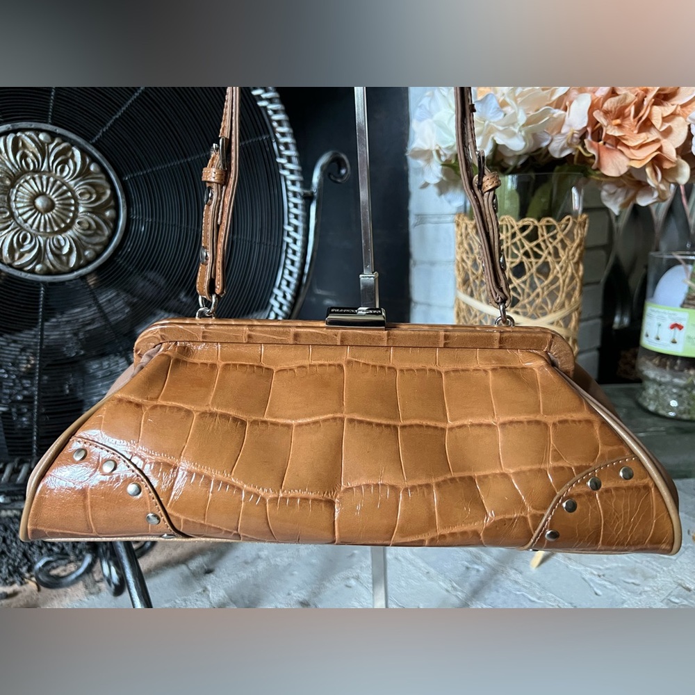 Franco Sarto Croc-Embossed Tan Faux Leather Studded Handbag
